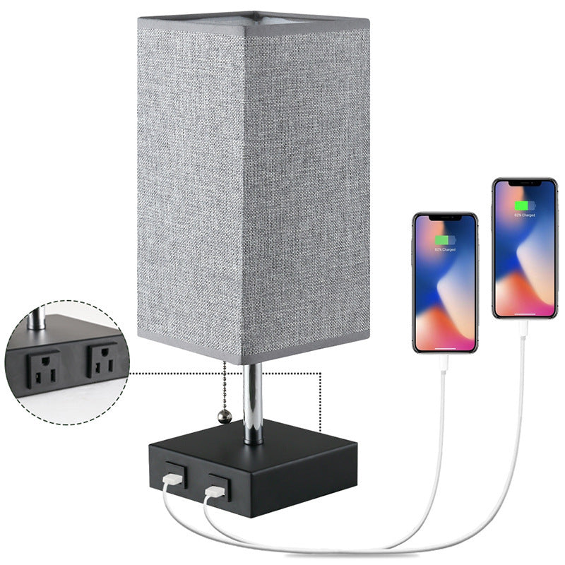 Modern Linen Square Table Lamp - Double plug