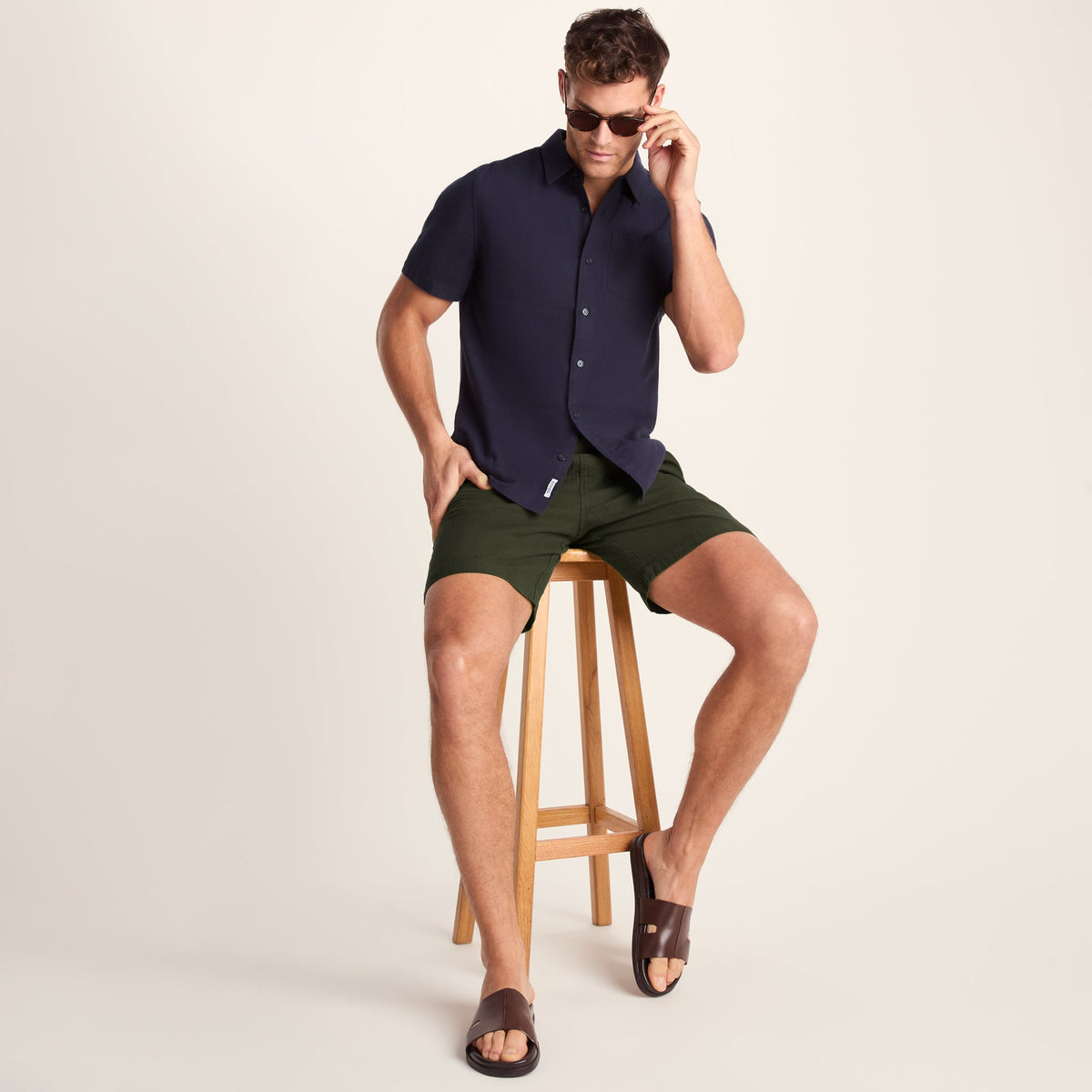 Allento Mens Relaxed Fit Herringbone Fabric Shorts - Dark Olive Green - Image 4