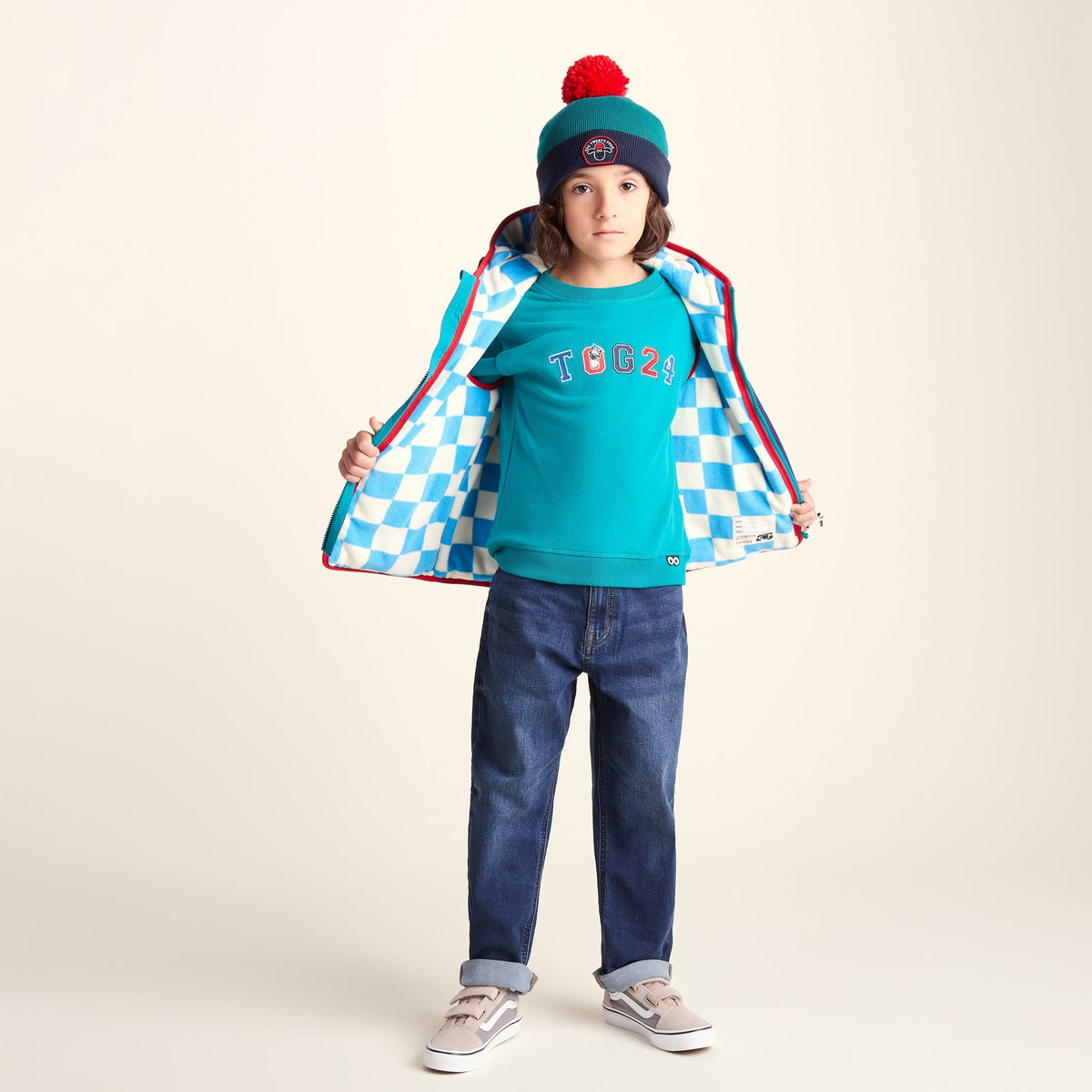 Beulah Shaun the Sheep Kids Knitted Beanie Pom Pom Hat - Peacock Green/Night Blue - Image 3