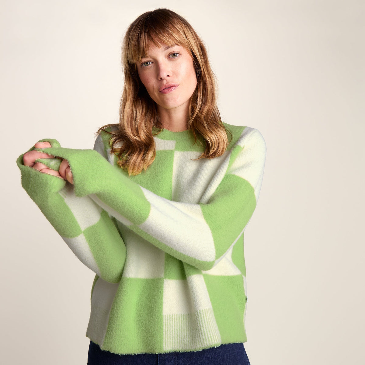 Celeste Womens Checkerboard Chunky Knit Jumper - Lemon Lime - Image 8