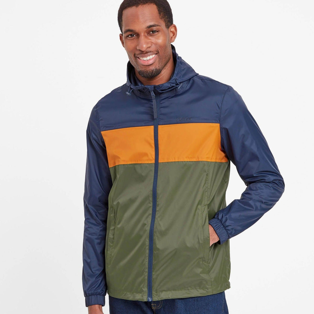Craven Mens Waterproof Packaway Jacket - Khaki/Navy/Dark Orange Colour Block - Image 3