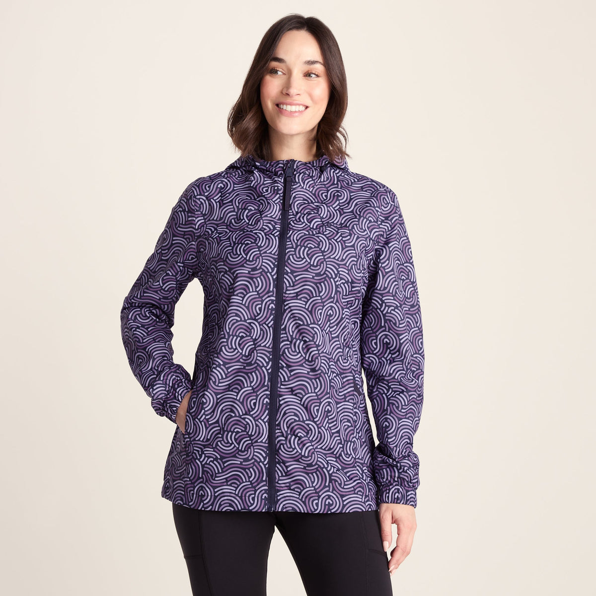 Craven Womens Waterproof Packaway Jacket - Dk Indigo/Lilac Blossom Wave Print - Image 5
