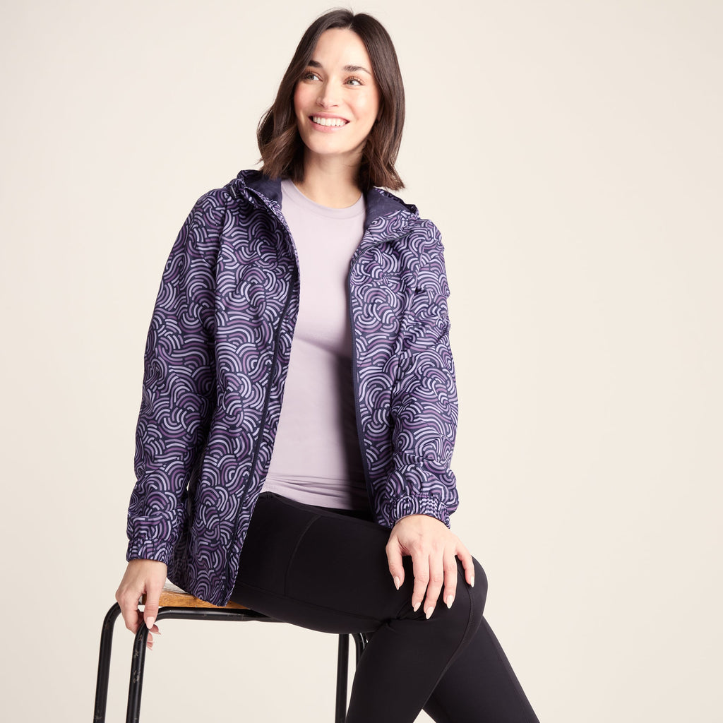 Craven Womens Waterproof Packaway Jacket - Dk Indigo/Lilac Blossom Wave Print - Image 3