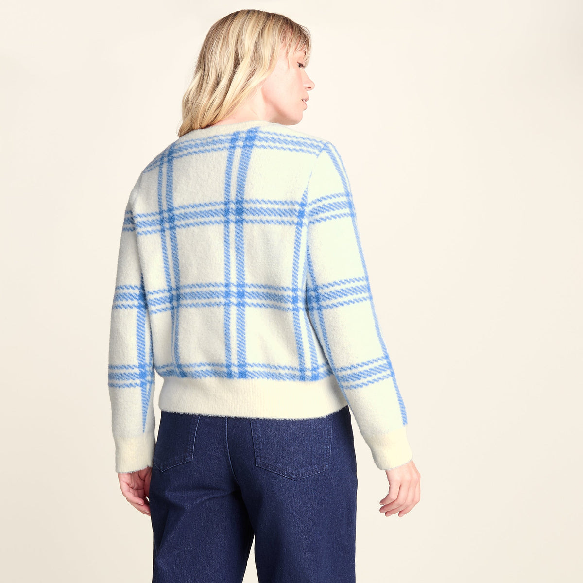 Delilah Womens Checked Chunky Knit Jumper - Vanilla & Cobalt Check - Image 4