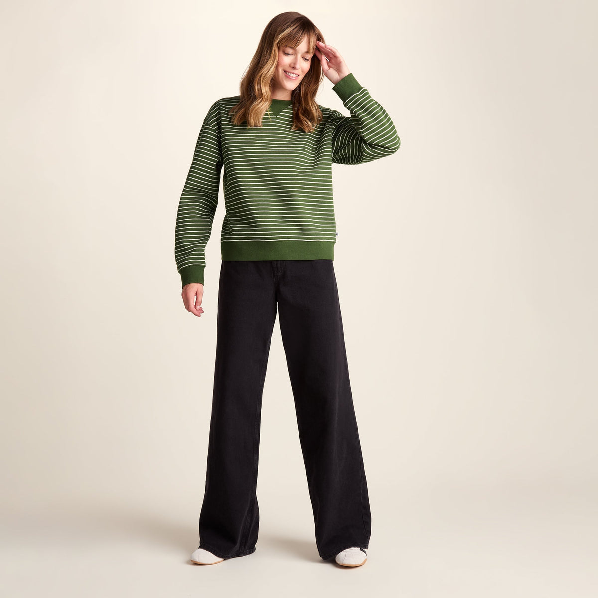 Joyce Womens Supersoft Crew Neck Striped Sweatshirt - Olive Green Stripe - Image 2