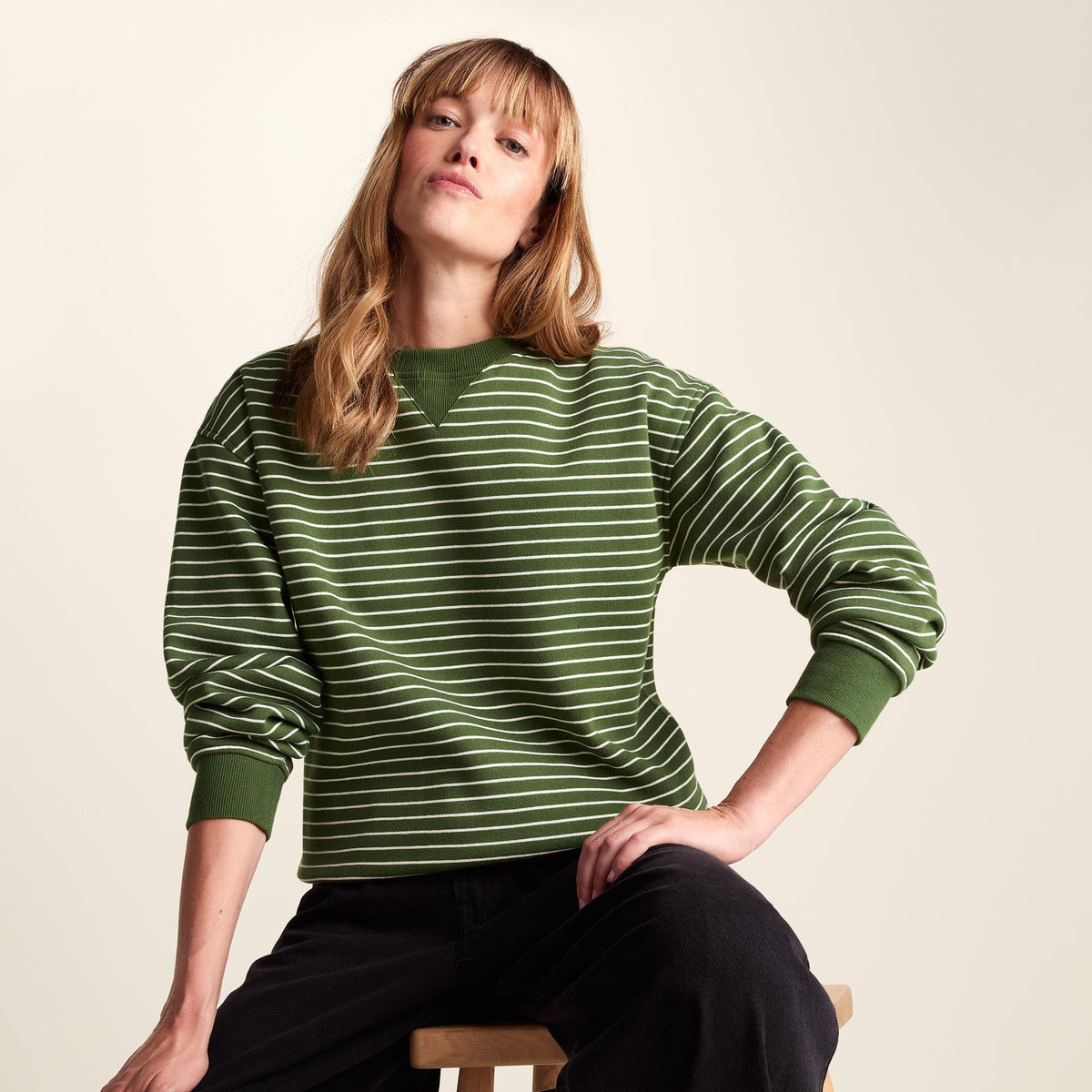 Joyce Womens Supersoft Crew Neck Striped Sweatshirt - Olive Green Stripe - Image 4