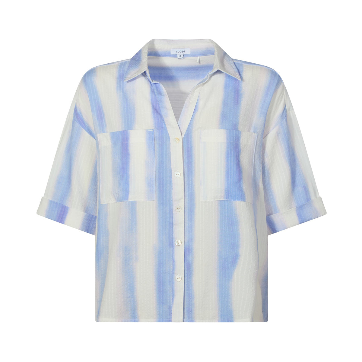 Julie Womens Short Sleeve Seersucker Blouse - Blue Hues Print - Image 8