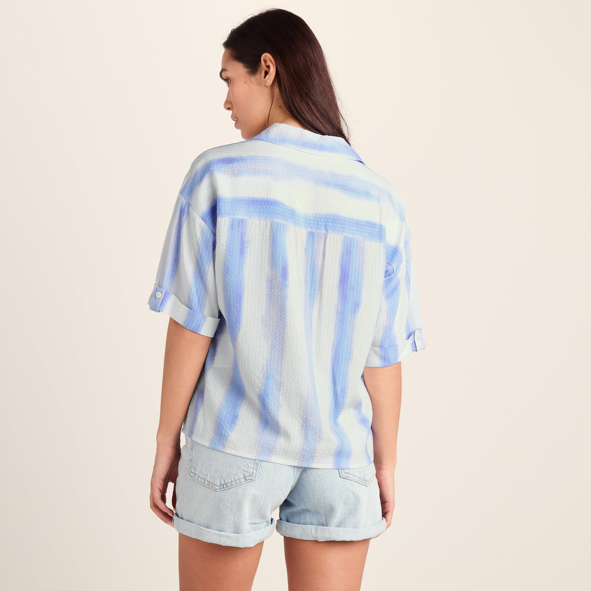 Julie Womens Short Sleeve Seersucker Blouse - Blue Hues Print - Image 4