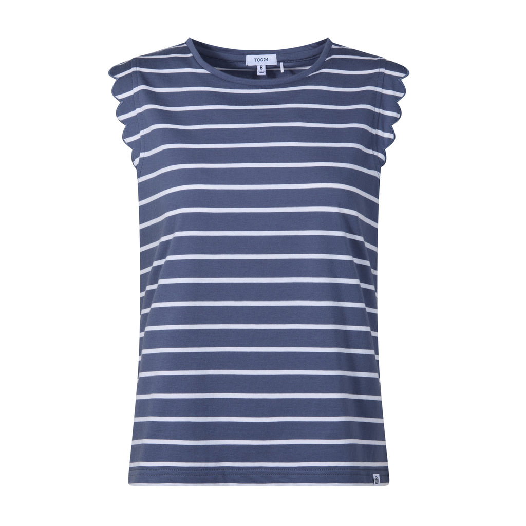 Katie Womens 100% Cotton Supersoft Vest - Smokey Blue/Optic White Stripe - Image 6