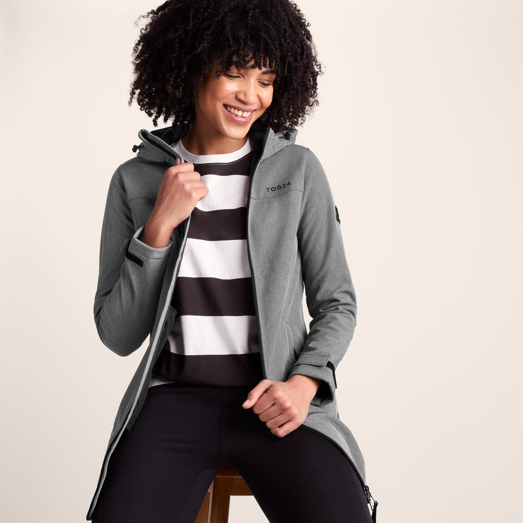 Keld Womens Long Shower Resistant Hooded Softshell Jacket - Dark Grey - Image 4