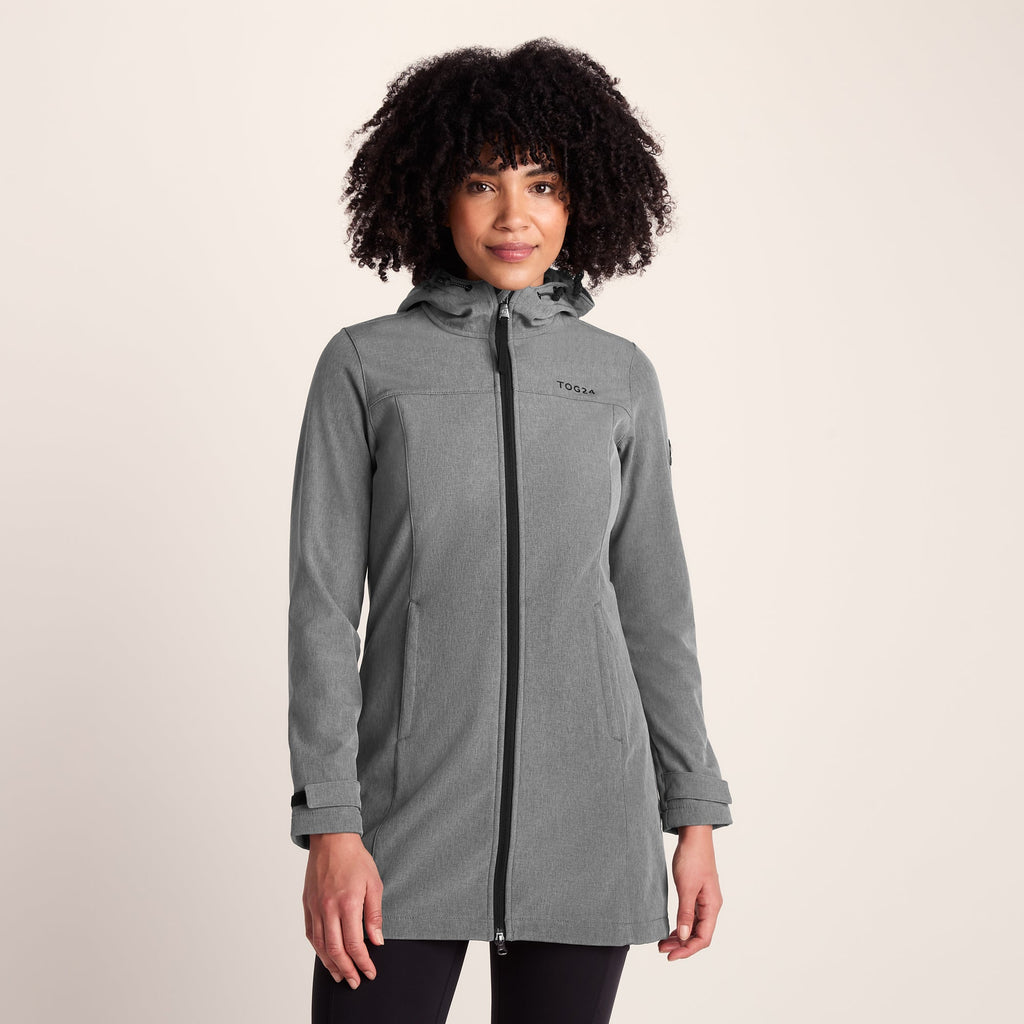 Keld Womens Long Shower Resistant Hooded Softshell Jacket - Dark Grey - Image 7