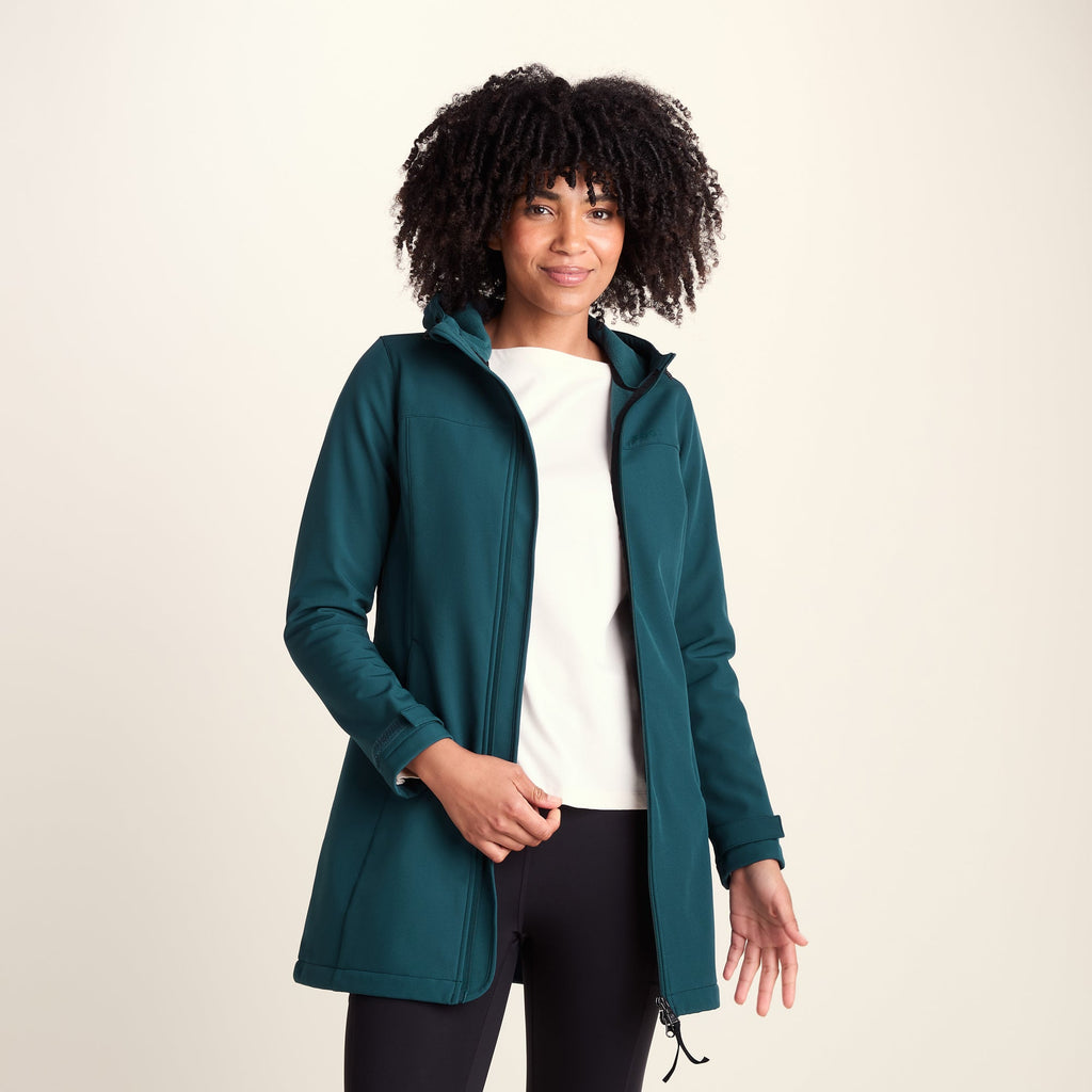 Keld Womens Long Shower Resistant Hooded Softshell Jacket - Petrol Green