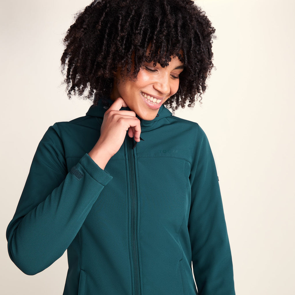 Keld Womens Long Shower Resistant Hooded Softshell Jacket - Petrol Green - Image 5