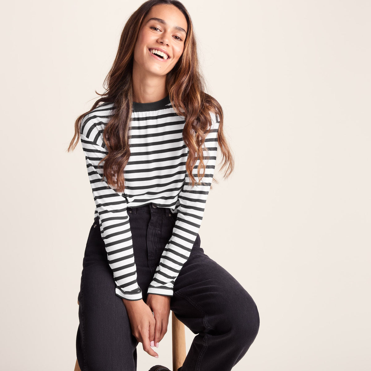 Kitty Womens Long Sleeve Striped T-Shirt - Washed Black Stripe - Image 2