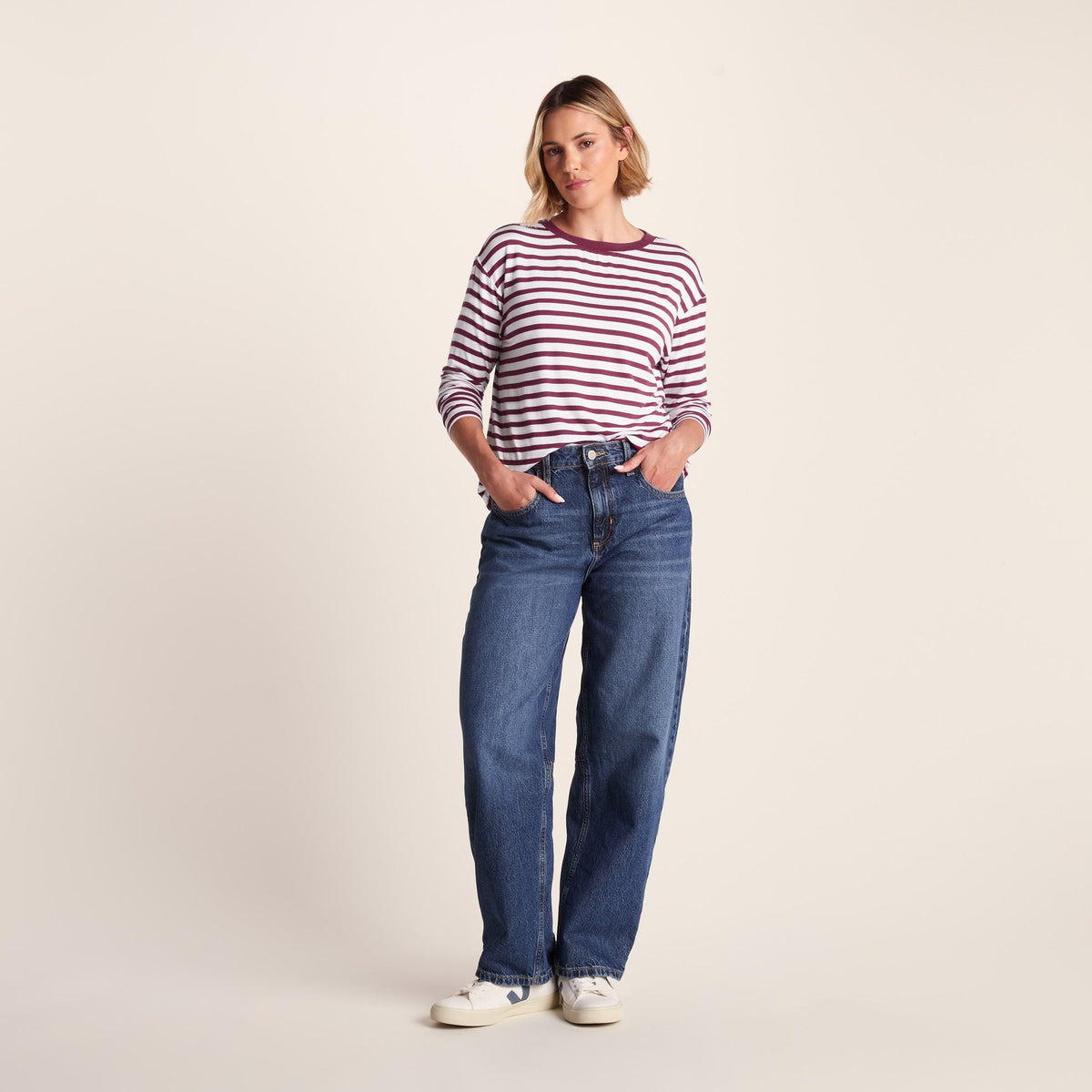Kitty Womens Long Sleeve Striped T-Shirt - Washed Burgundy Stripe - Image 5