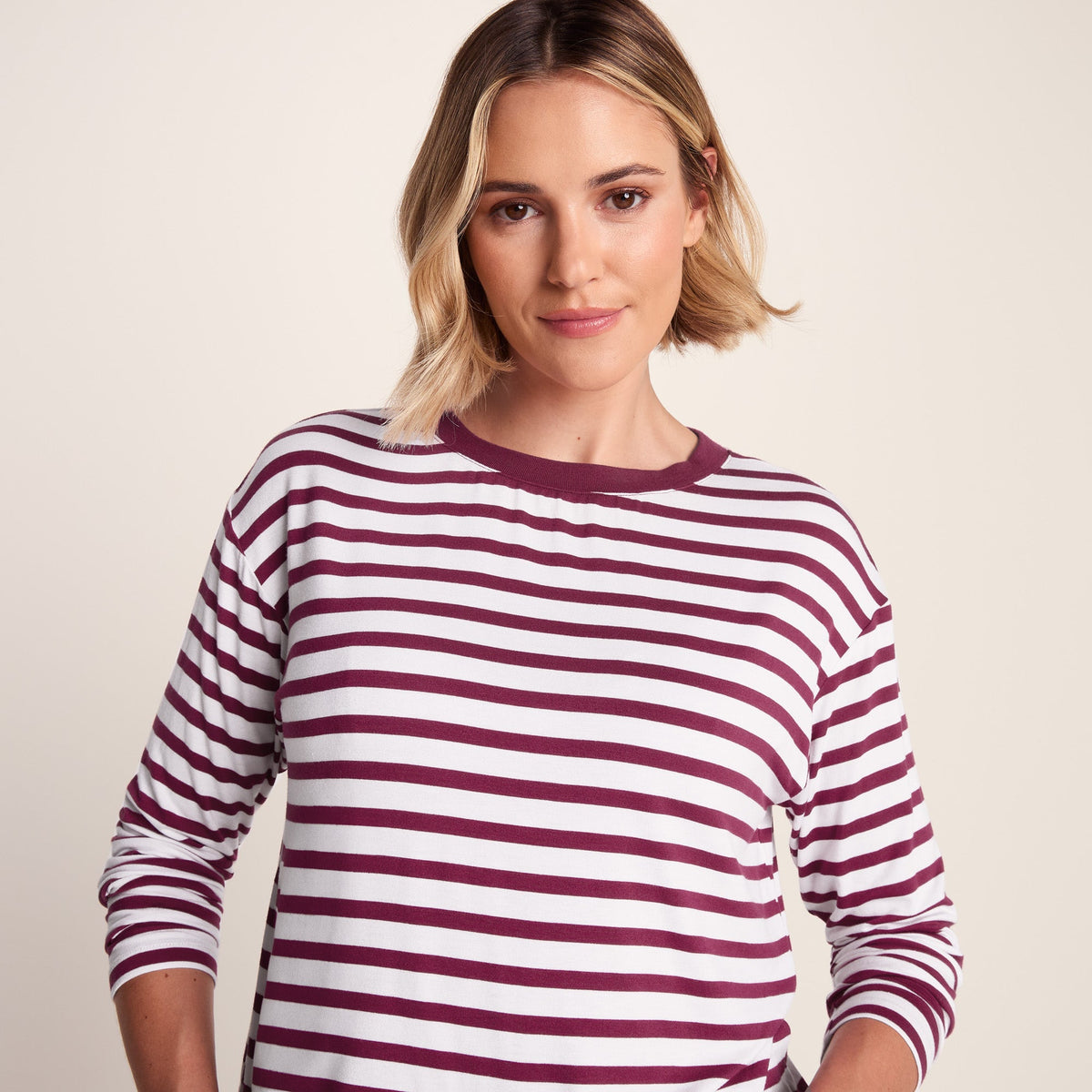 Kitty Womens Long Sleeve Striped T-Shirt - Washed Burgundy Stripe - Image 4