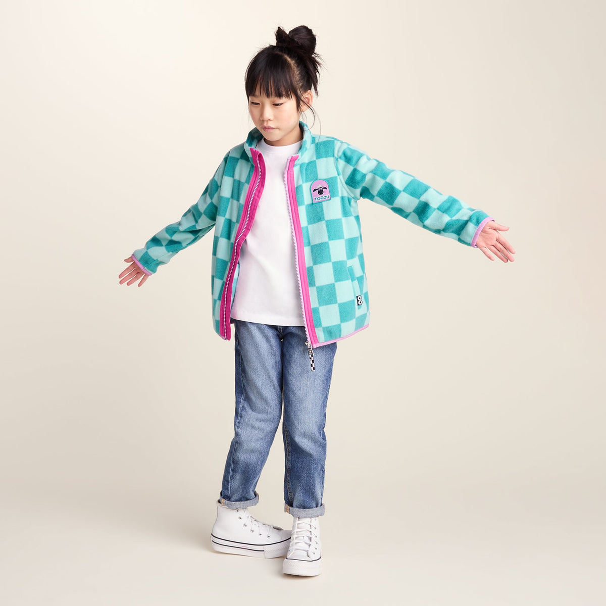 Lacaune Kids Shaun the Sheep Fleece Zip Jacket - Spearmint/Bubblegum Checkerboard - Image 2