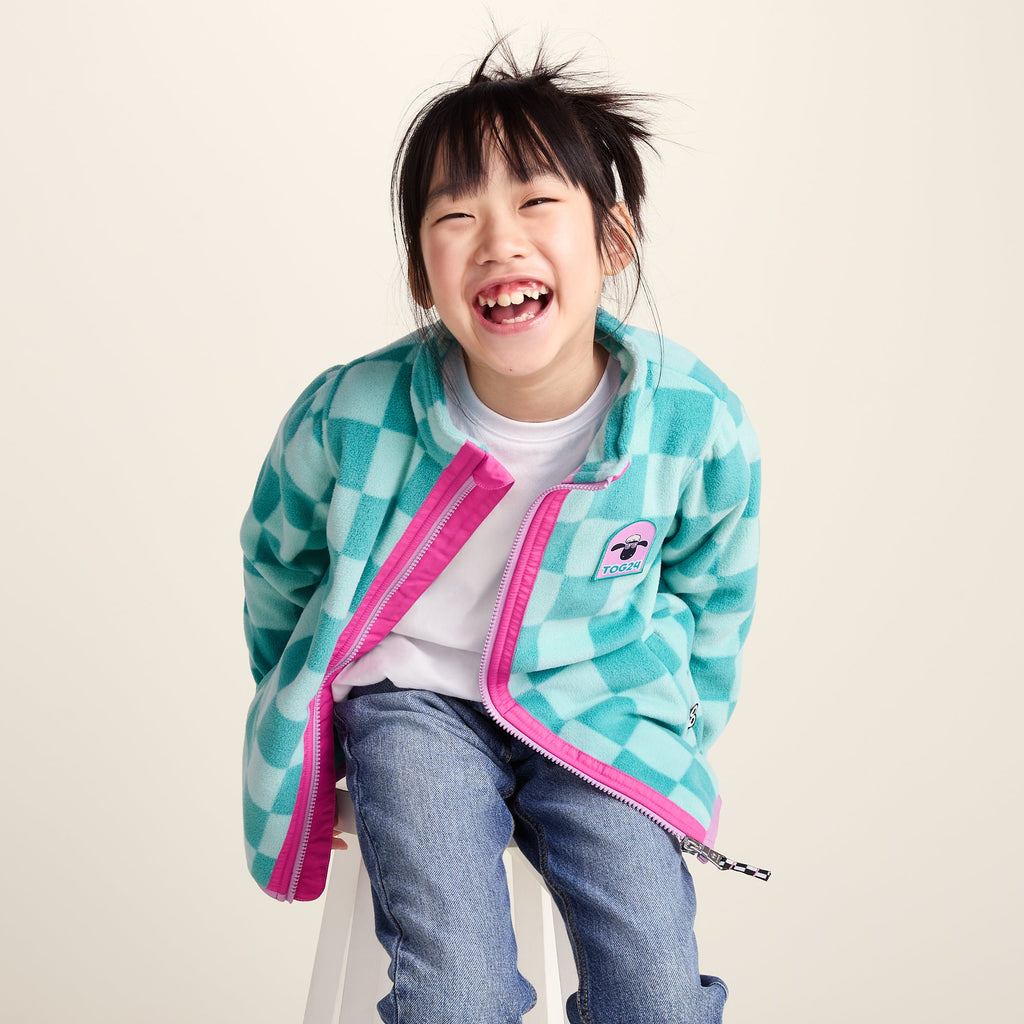 Lacaune Kids Shaun the Sheep Fleece Zip Jacket - Spearmint/Bubblegum Checkerboard - Image 4