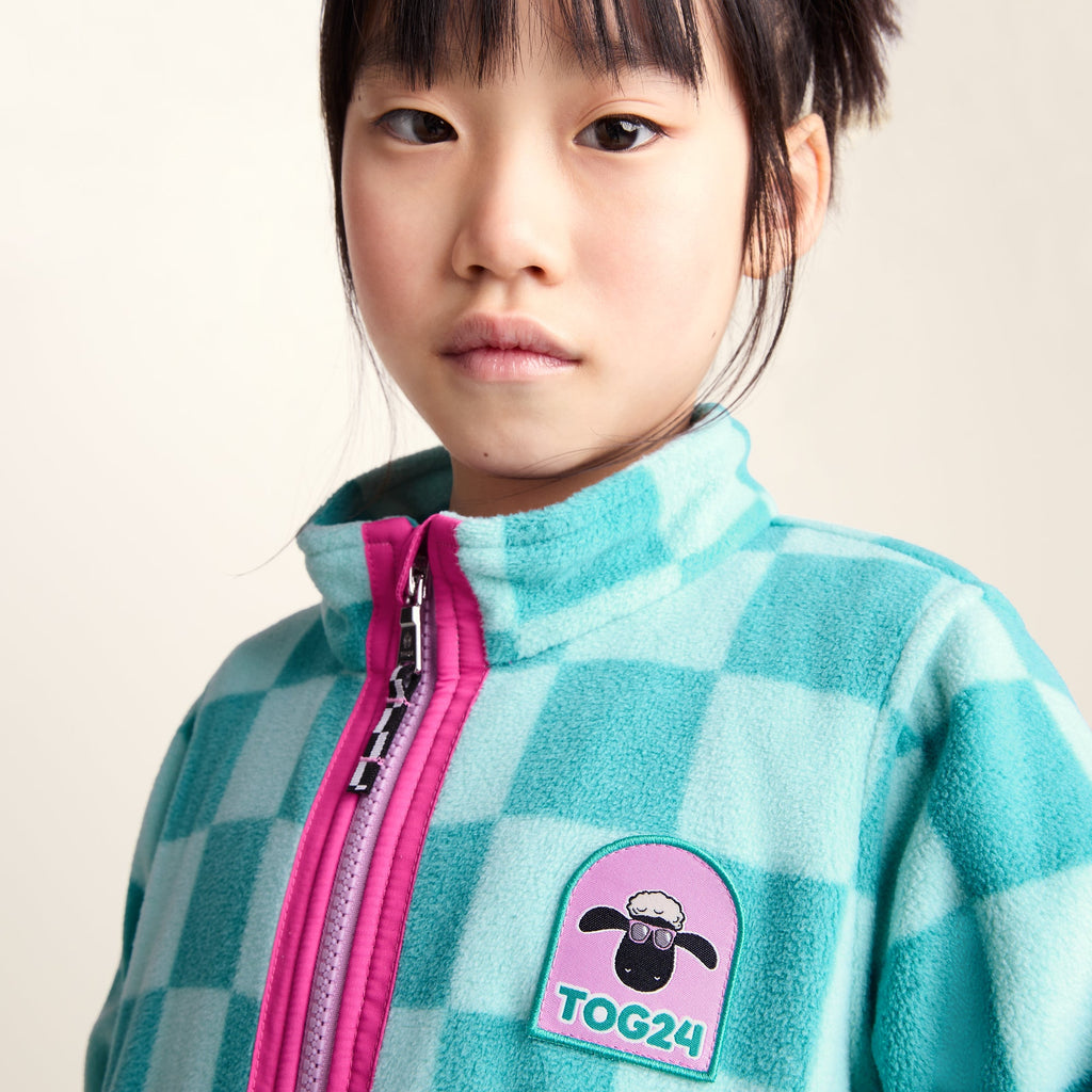 Lacaune Kids Shaun the Sheep Fleece Zip Jacket - Spearmint/Bubblegum Checkerboard - Image 5