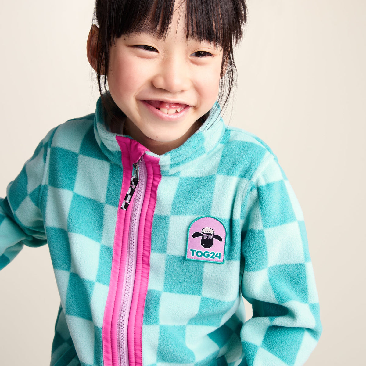 Lacaune Kids Shaun the Sheep Fleece Zip Jacket - Spearmint/Bubblegum Checkerboard - Image 7