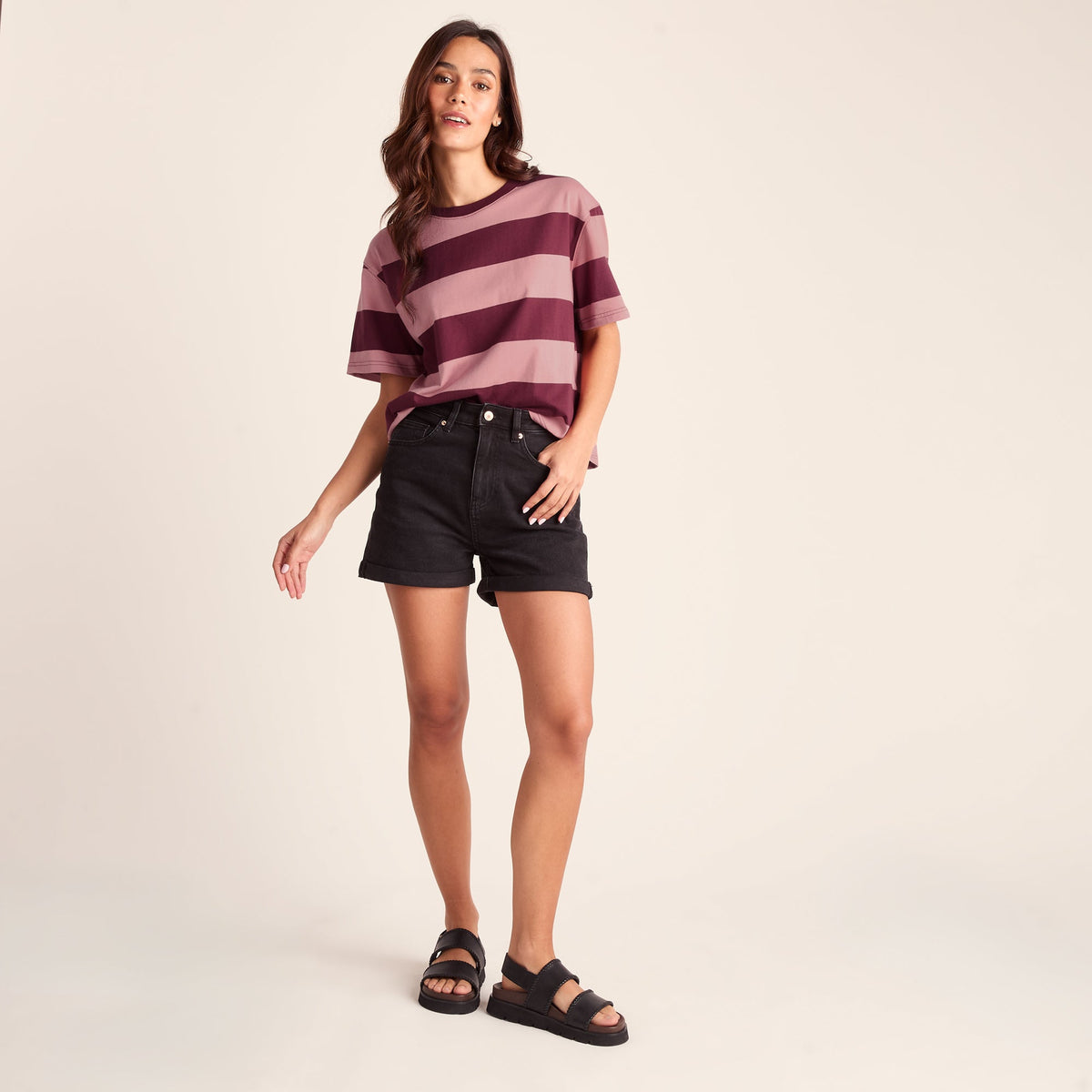 Lani Womens 100% Cotton Supersoft Boxy Fit T-Shirt - Black Raspberry Stripe - Image 2