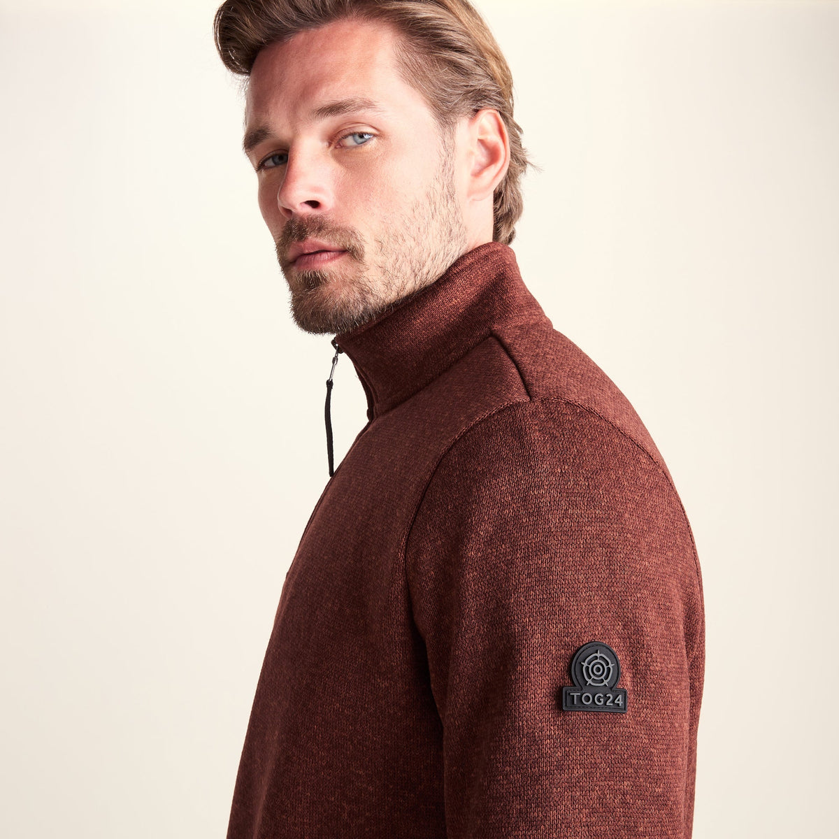 Pearson Mens Knitlook Quarter Zip Fleece - Burnt Caramel - Image 6