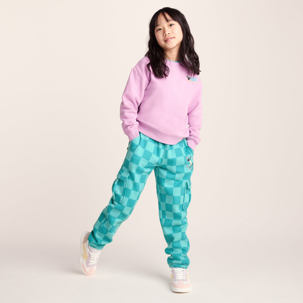 Polypay Kids Shaun the Sheep Sweat Pant - Spearmint/Bubblegum Checkerboard - Image 2