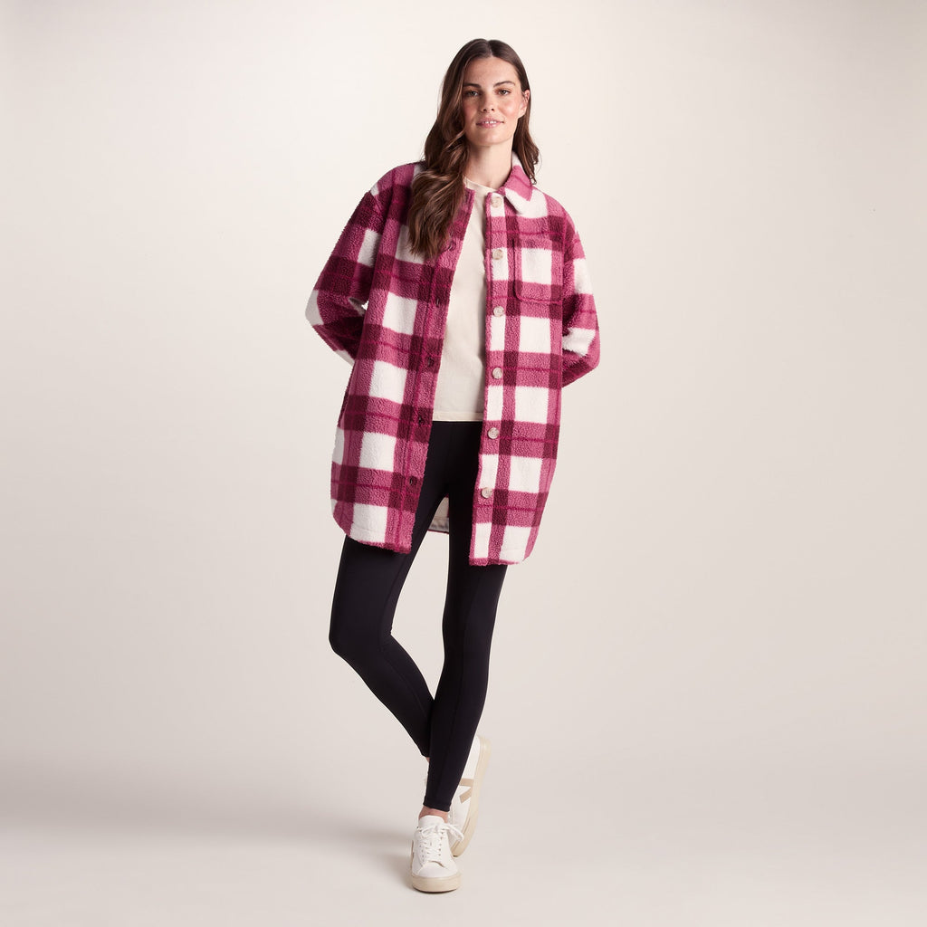 Sally Womens Sherpa Fleece Shacket - Burgundy Check - Image 2