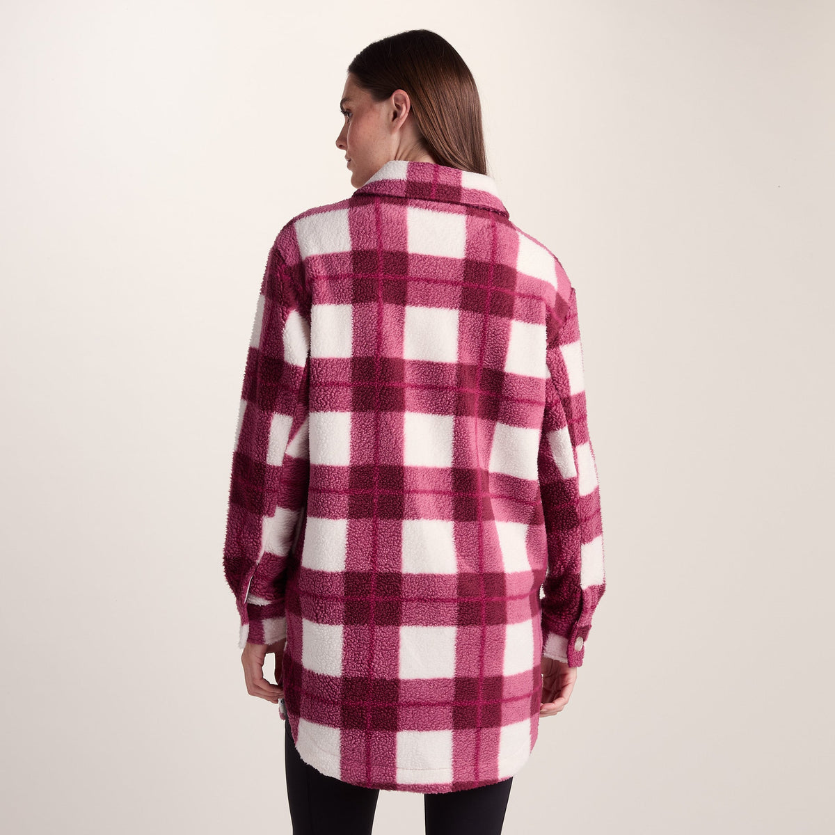Sally Womens Sherpa Fleece Shacket - Burgundy Check - Image 3
