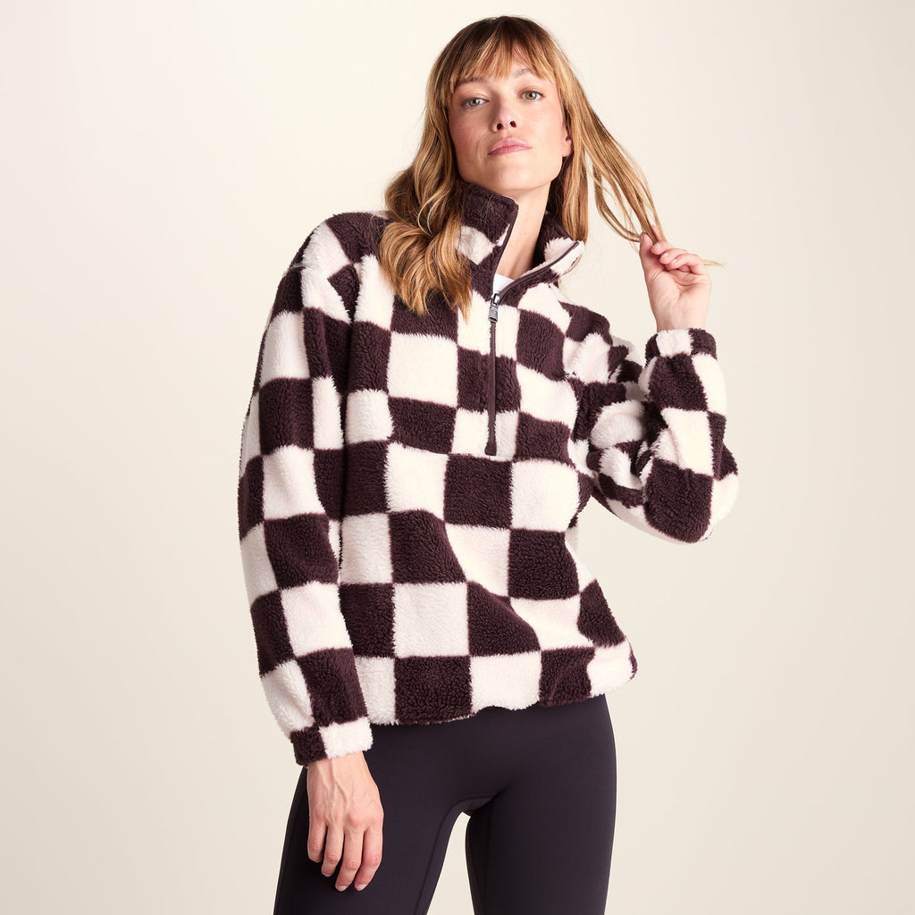 Sara Womens Relaxed Fit Sherpa Fleece Zip Neck - Huckleberry Checkerboard
