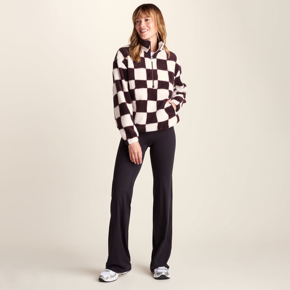 Sara Womens Relaxed Fit Sherpa Fleece Zip Neck - Huckleberry Checkerboard - Image 3