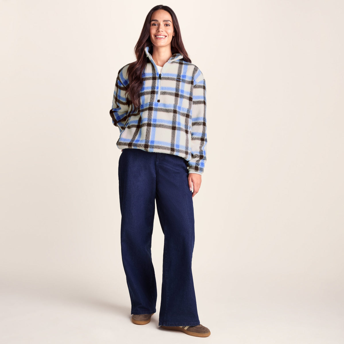 Sara Womens Relaxed Fit Sherpa Fleece Zip Neck - Cobalt & Brown Check - Image 3