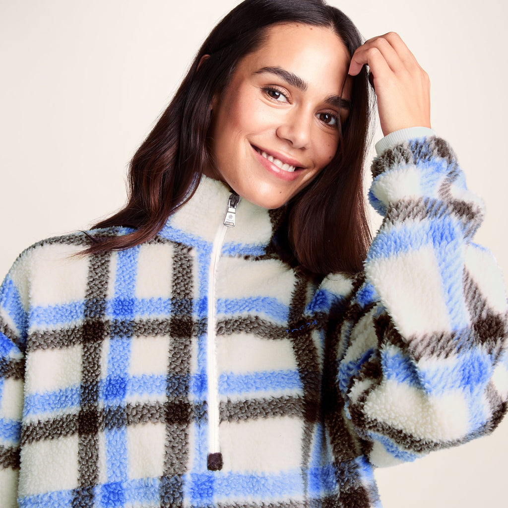 Sara Womens Relaxed Fit Sherpa Fleece Zip Neck - Cobalt & Brown Check - Image 6