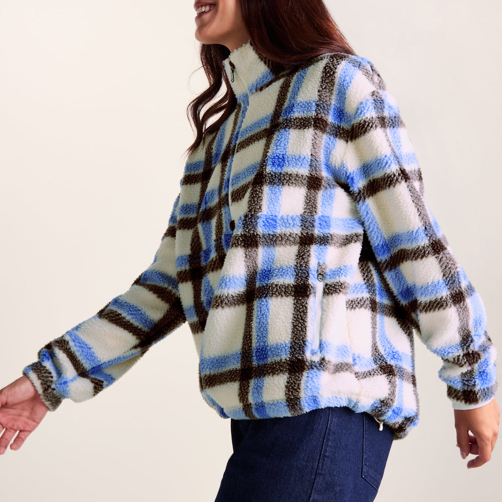 Sara Womens Relaxed Fit Sherpa Fleece Zip Neck - Cobalt & Brown Check - Image 7