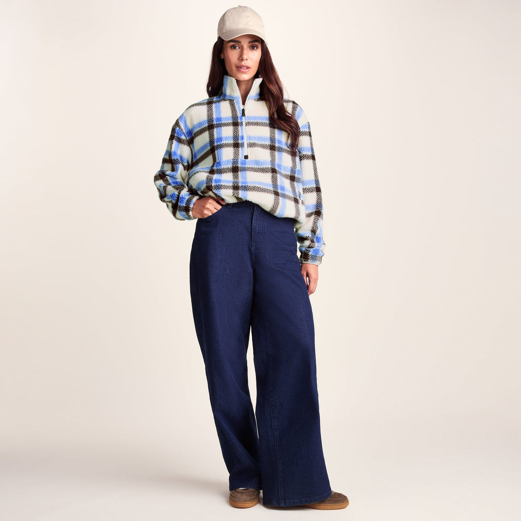 Sara Womens Relaxed Fit Sherpa Fleece Zip Neck - Cobalt & Brown Check - Image 9