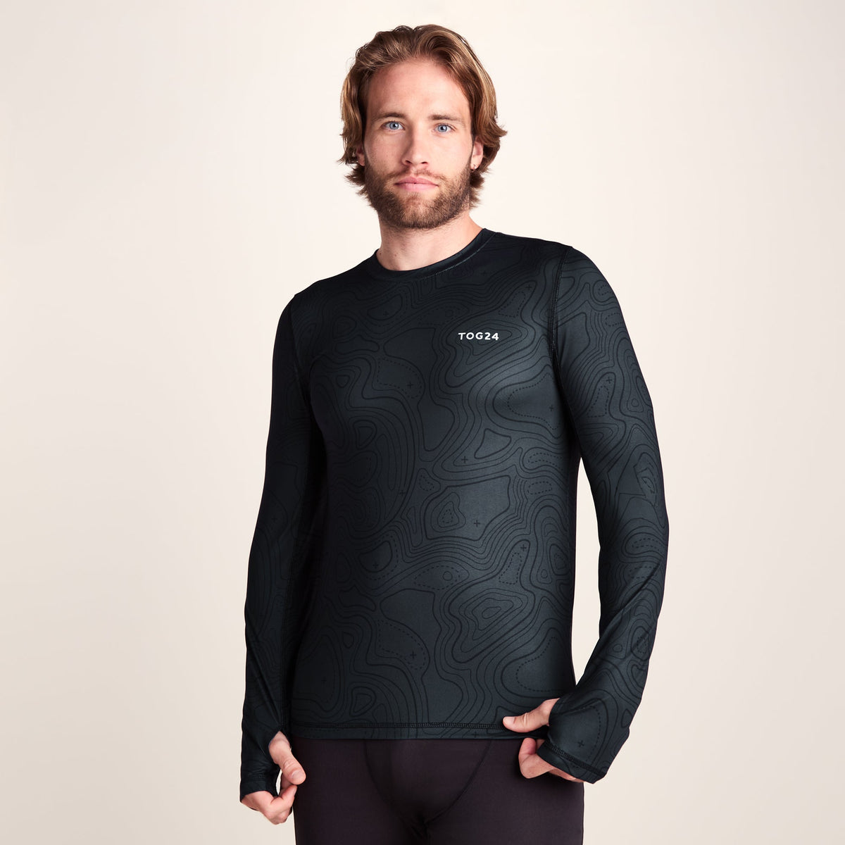 Snowdon Mens Thermal Crew Neck Base Layer - Black Terrain Print