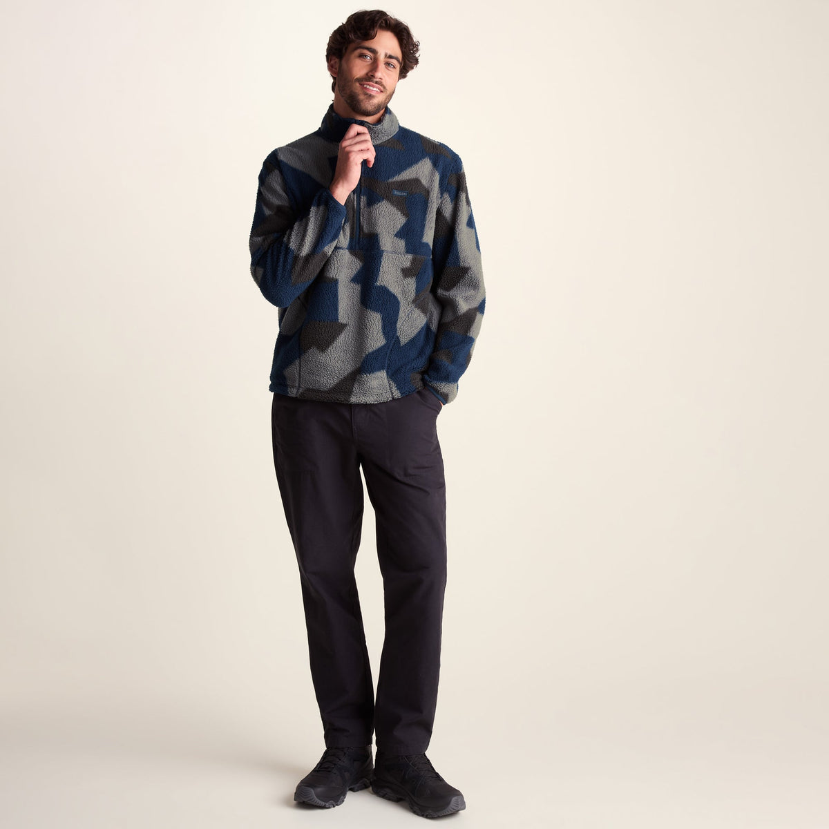 Zermatt Mens Relaxed Fit Sherpa Fleece Zip Neck - Blue Geo Camo Print - Image 2