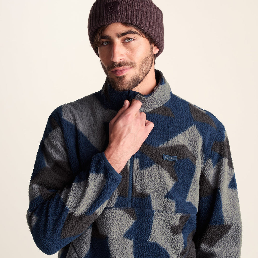 Zermatt Mens Relaxed Fit Sherpa Fleece Zip Neck - Blue Geo Camo Print - Image 5