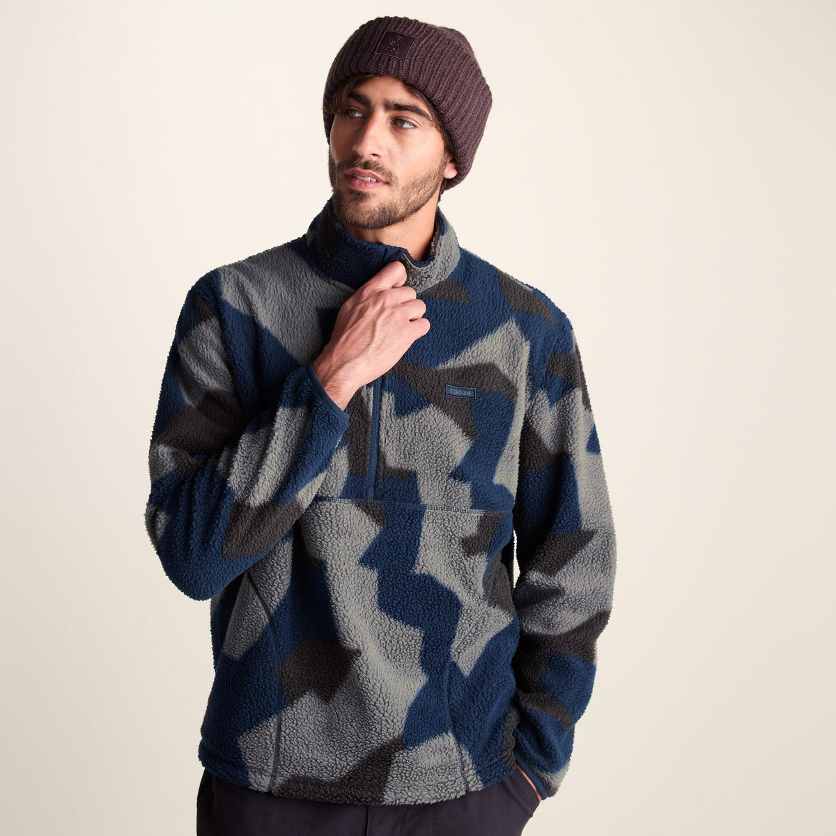 Zermatt Mens Relaxed Fit Sherpa Fleece Zip Neck - Blue Geo Camo Print - Image 6