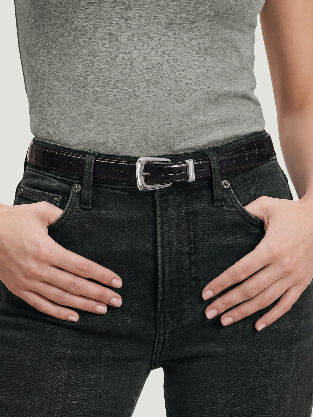 Slim Croc-Embossed Arch Belt - Image 2
