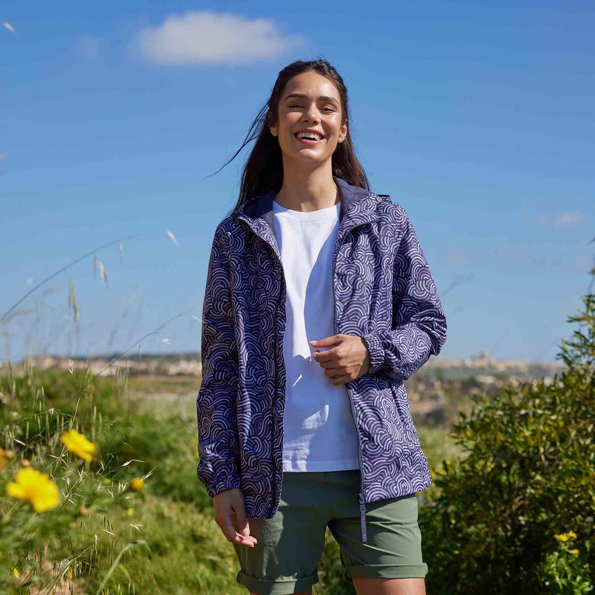Craven Womens Waterproof Packaway Jacket - Dk Indigo/Lilac Blossom Wave Print - Image 2
