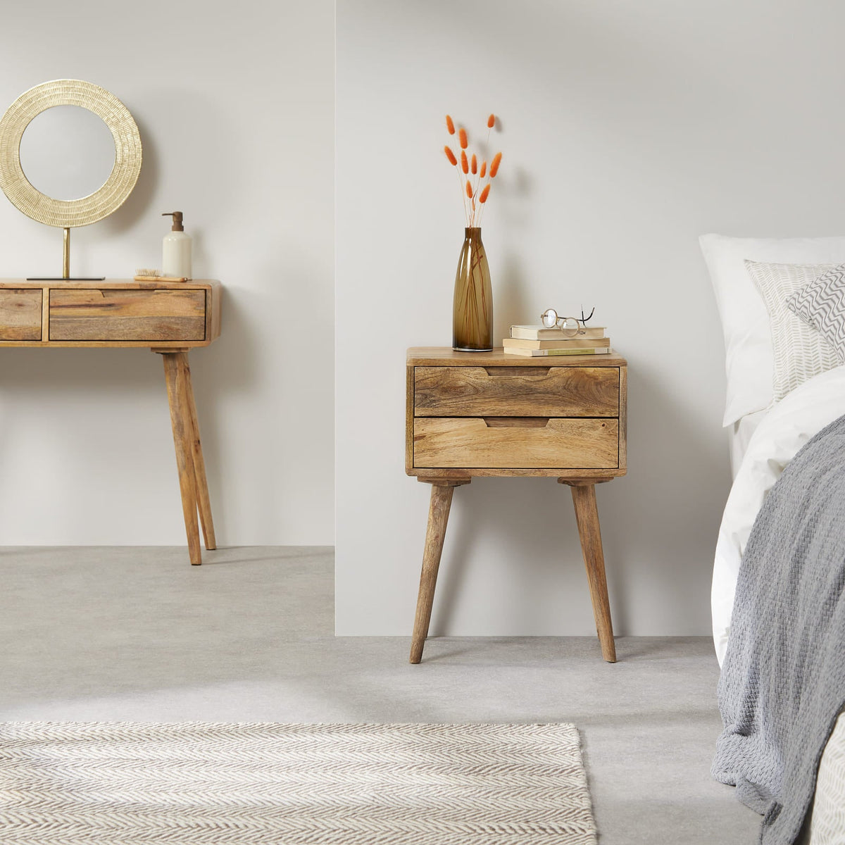 Rustic Mango Wood Bedside Table with 2 Drawers - Image 2