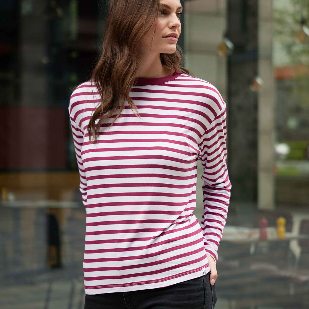 Kitty Womens Long Sleeve Striped T-Shirt - Washed Burgundy Stripe - Image 3
