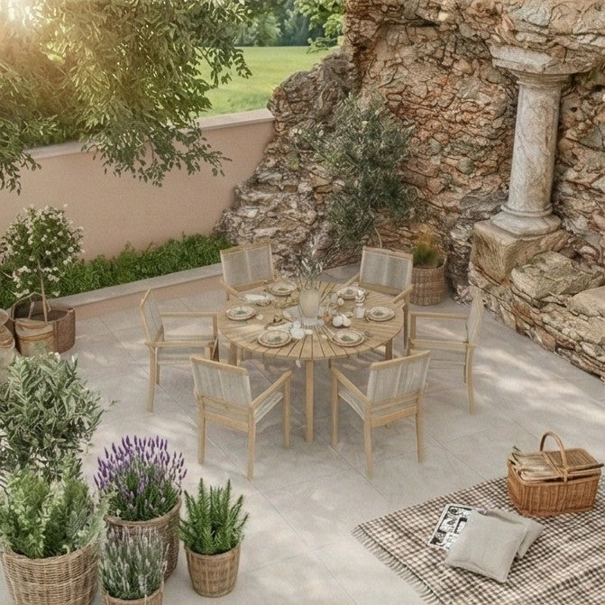Roma 6 Seater Round Sunray with Terrazzo Insert Dining Set with 6 Roma Rope Stacking Chairs - Image 3