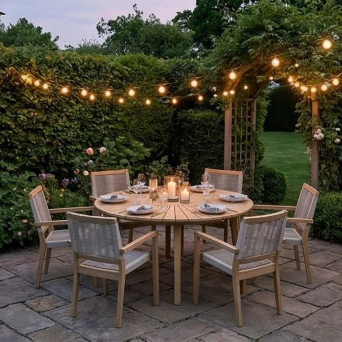 Roma 6 Seater Round Sunray with Terrazzo Insert Dining Set with 6 Roma Rope Stacking Chairs - Image 5