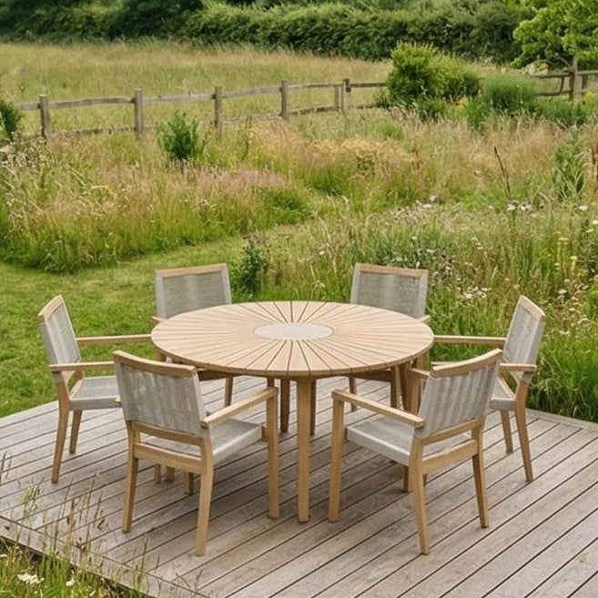 Roma 6 Seater Round Sunray with Terrazzo Insert Dining Set with 6 Roma Rope Stacking Chairs - Image 6