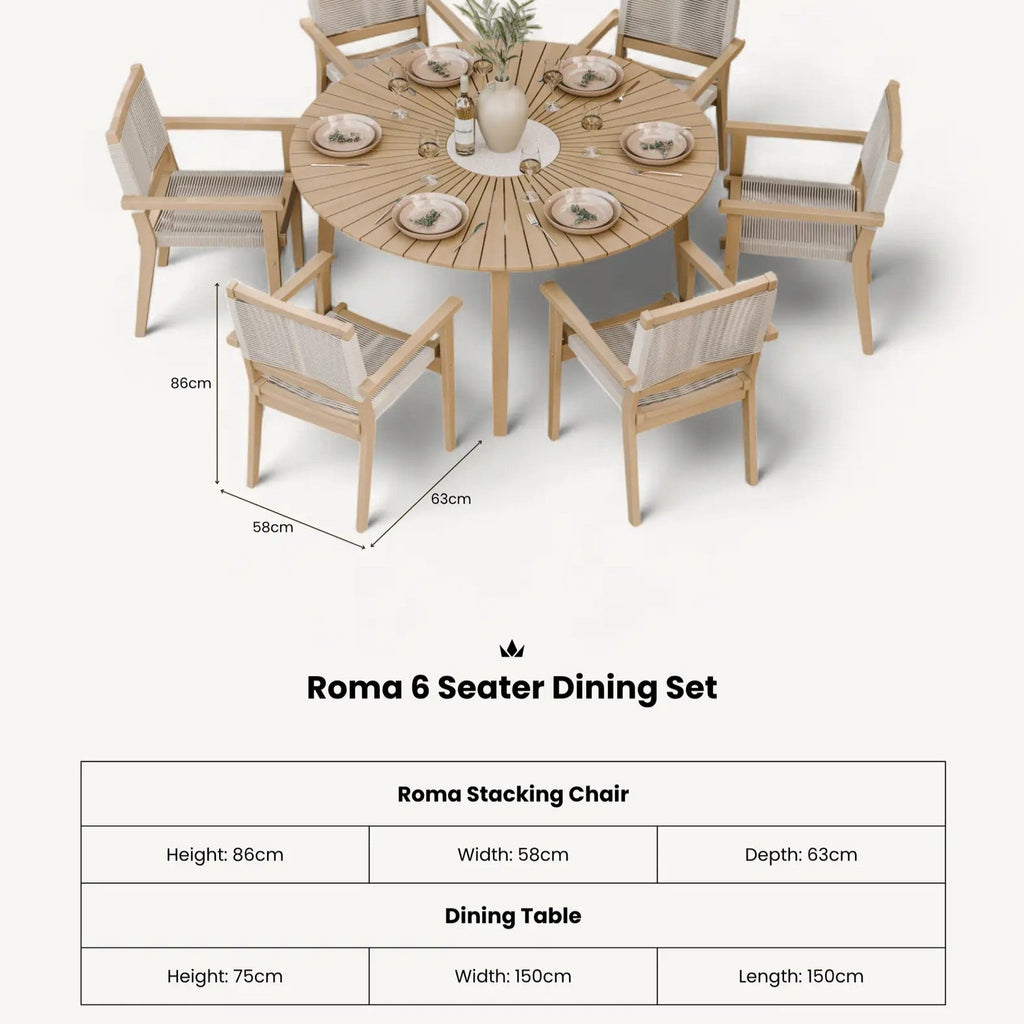 Roma 6 Seater Round Sunray with Terrazzo Insert Dining Set with 6 Roma Rope Stacking Chairs - Image 7