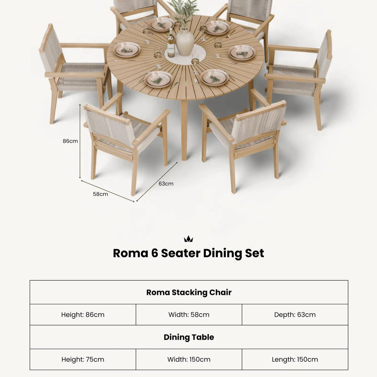Roma 6 Seater Round Sunray with Terrazzo Insert Dining Set with 6 Roma Rope Stacking Chairs - Image 7