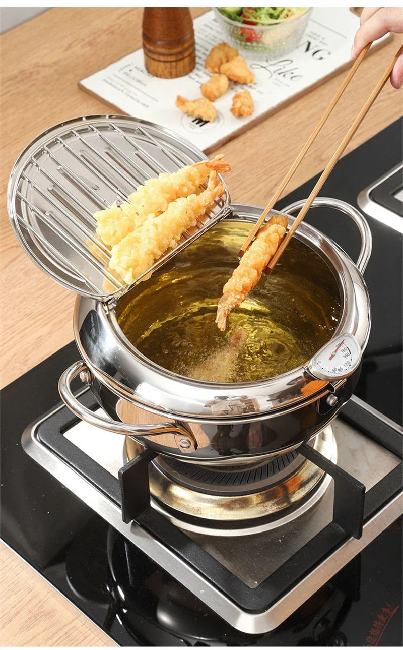Japanese Deep Frying Pot with a Thermometer and a Lid 304 Stainless Steel Kitchen Tempura Fryer Pan 20/24cm - Image 29