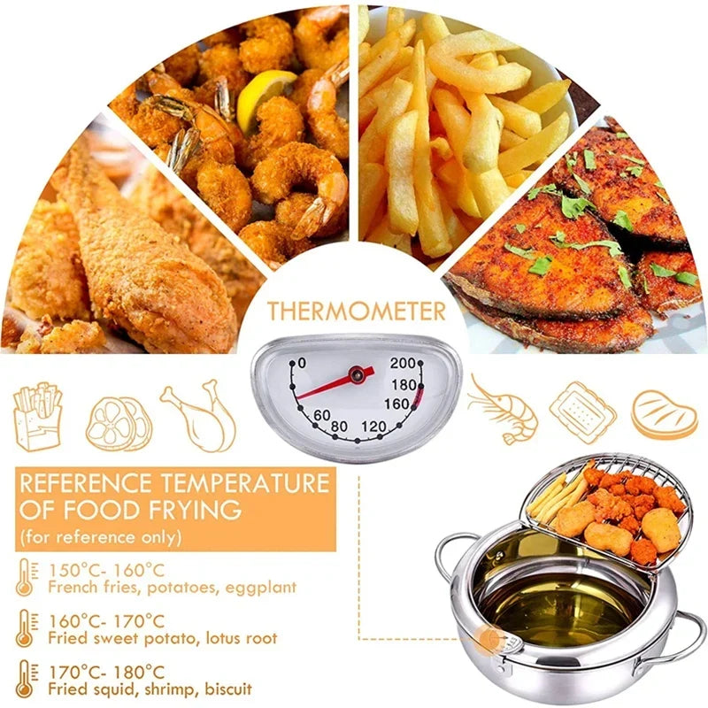 Japanese Deep Frying Pot with a Thermometer and a Lid 304 Stainless Steel Kitchen Tempura Fryer Pan 20/24cm - Image 10